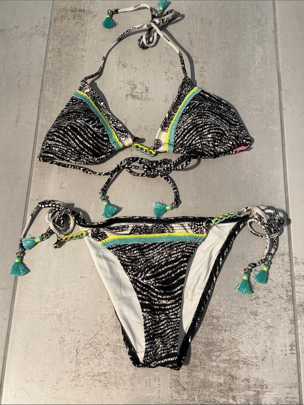 Victoria's Secret Black & White Patterned Bikini with Teal Tassels